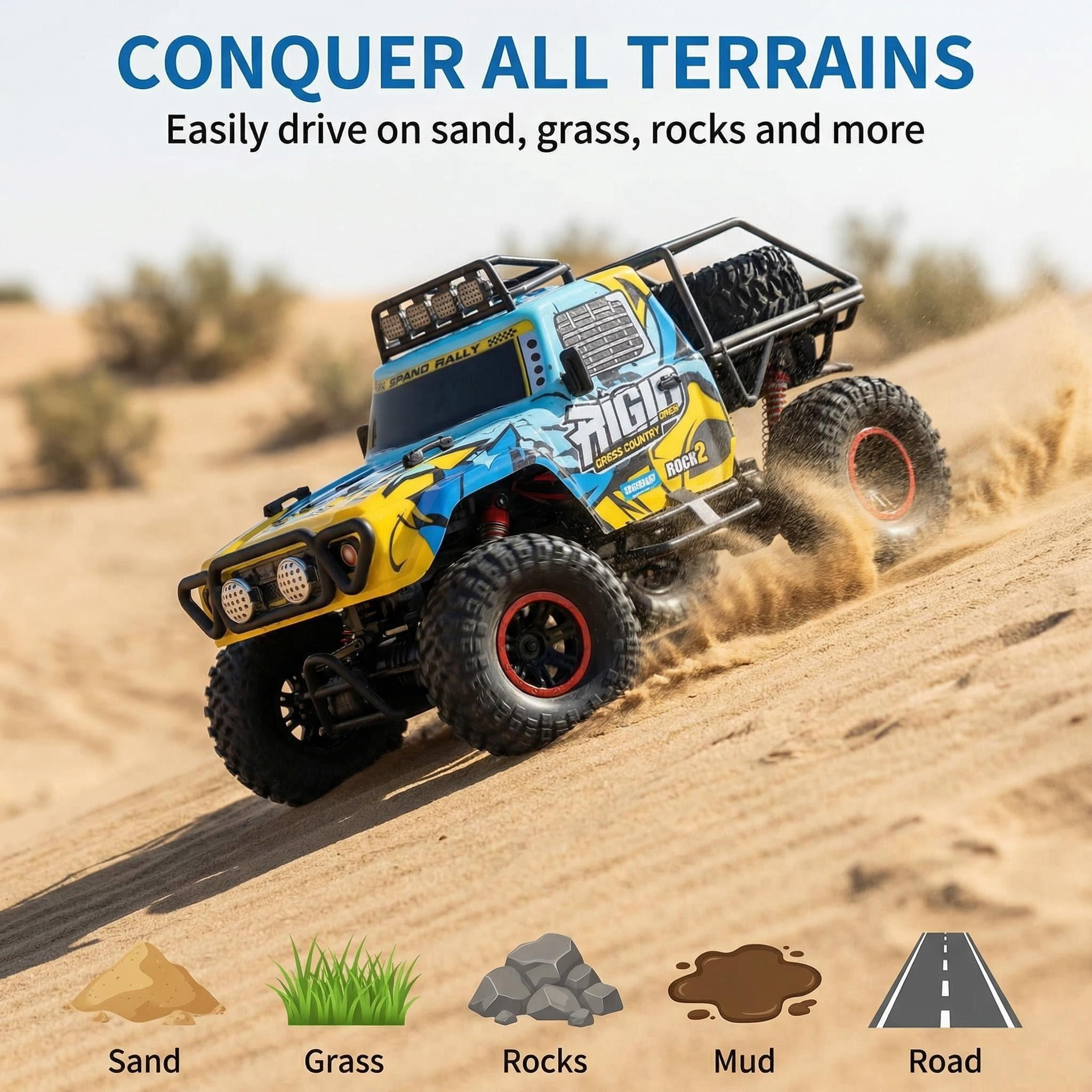 HNH 1:10 Rock Crawler with LED Screen, off-Road Remote Control Car for Kids, 4WD Rc Car Monster Truck with 2 Batteries