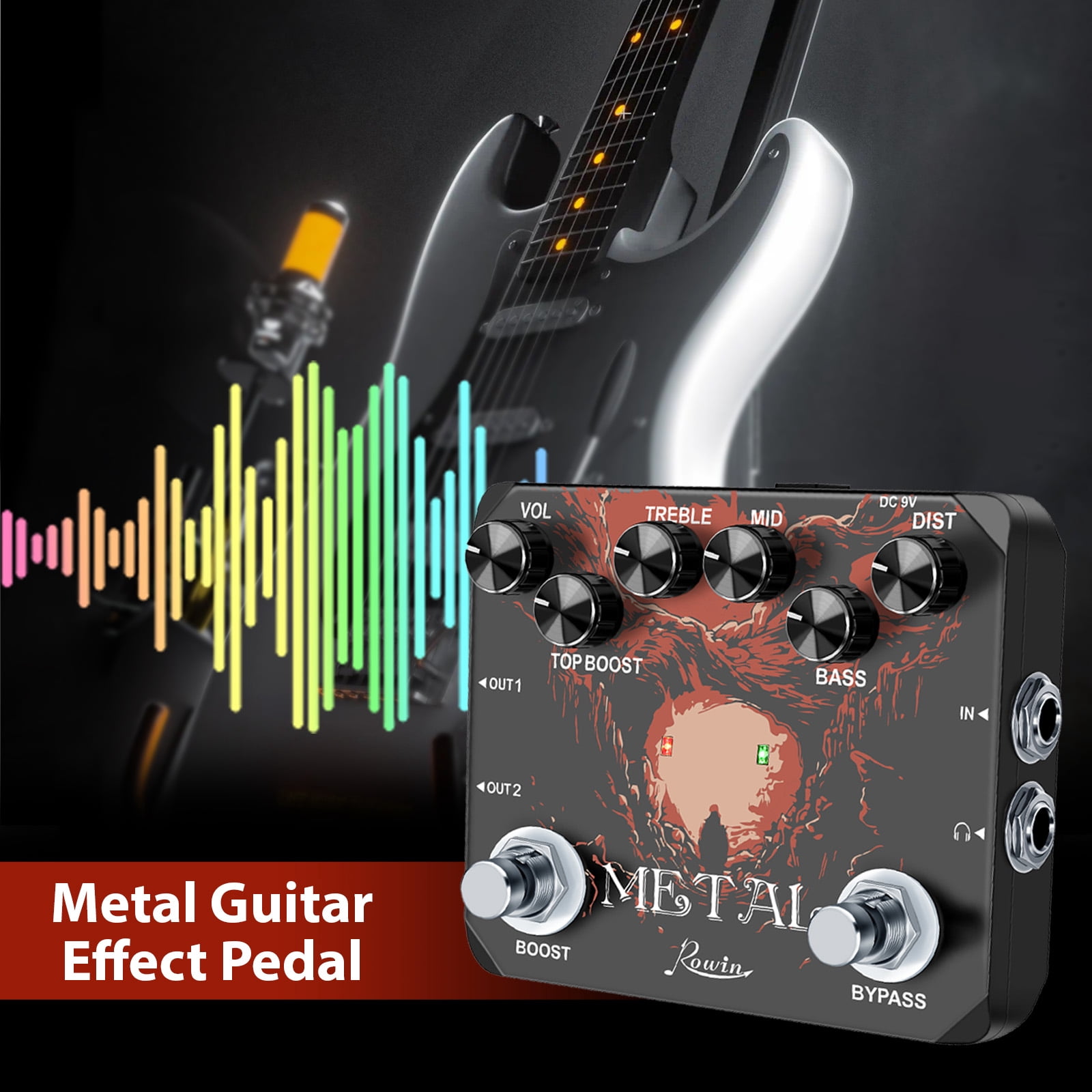 Metal Guitar Effect Pedal Traditional Metal Sound 80s/90s Headphone Output TREBLE/MID/BASS/BOOST/VOL/DIST For Electric Guitar Effect Pedal True Bypass DC 9V Full Metal Case