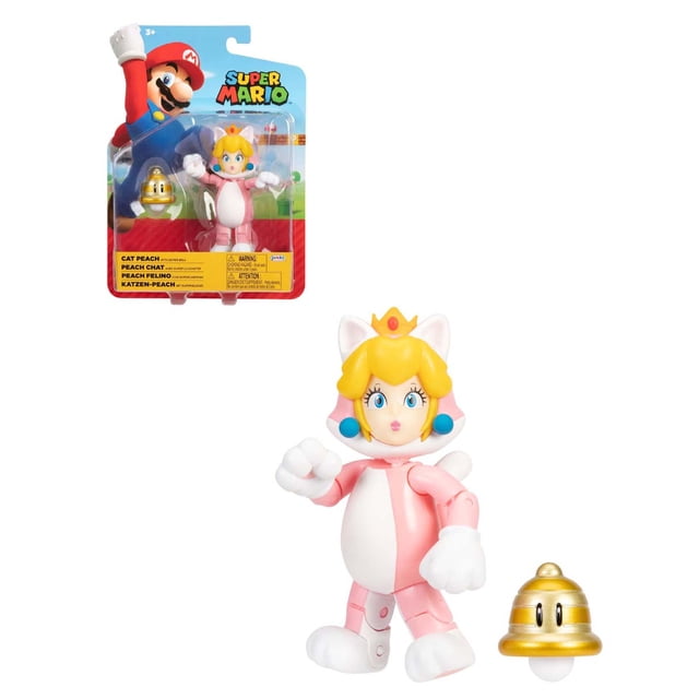 figura cat peach 4 pulgadas nintendo super mario wave 28 nueva, figura articulada y coleccionable de aproximadamente 10 cm con traje rosa y orejas de gato, articulaciones visibles en hombros, codos y rodillas, incluye campana dorada y empaque blíster con logo Super Mario.