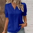 thumbnail image 2 of DondPO Linen Shirts for Women Evening Blouses for Women Elegant Party Short Sleeves Plus Size Puff Sleeve Shirt Hollow V Neck Tunic Blouses Womens Summer Tops Linen Tops for Women Blue, 2 of 5