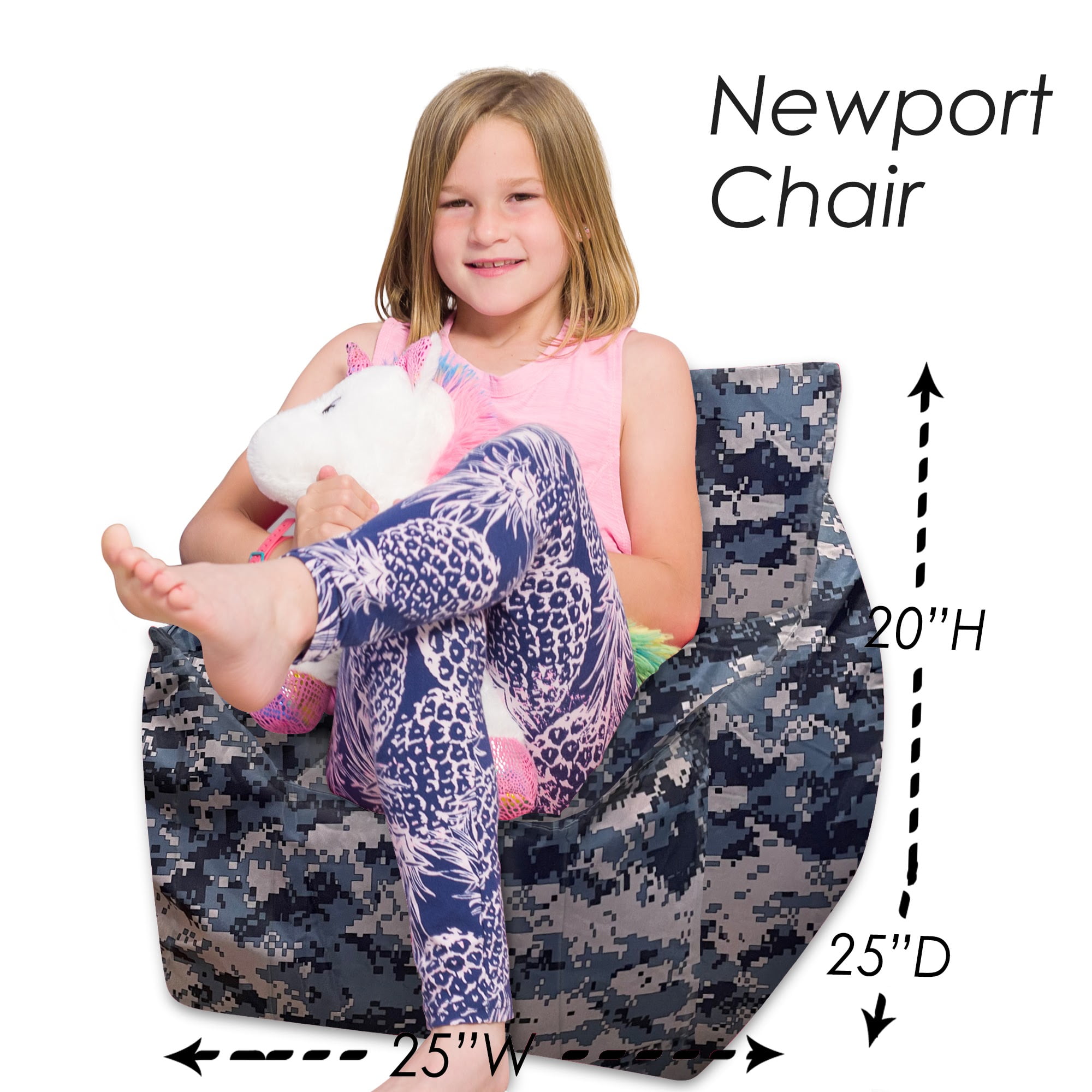 Posh Creations Structured Comfy Bean Bag Chair, Newport Seat, 2.1 ft, Nylon -Camo Digital