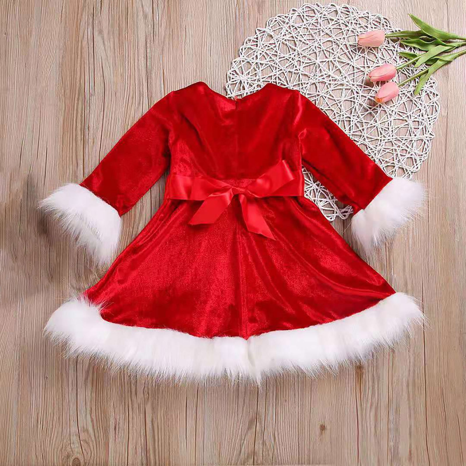 NOKIO Girls Christmas Dress Girls Christmas Dress With Faux Fur Trim