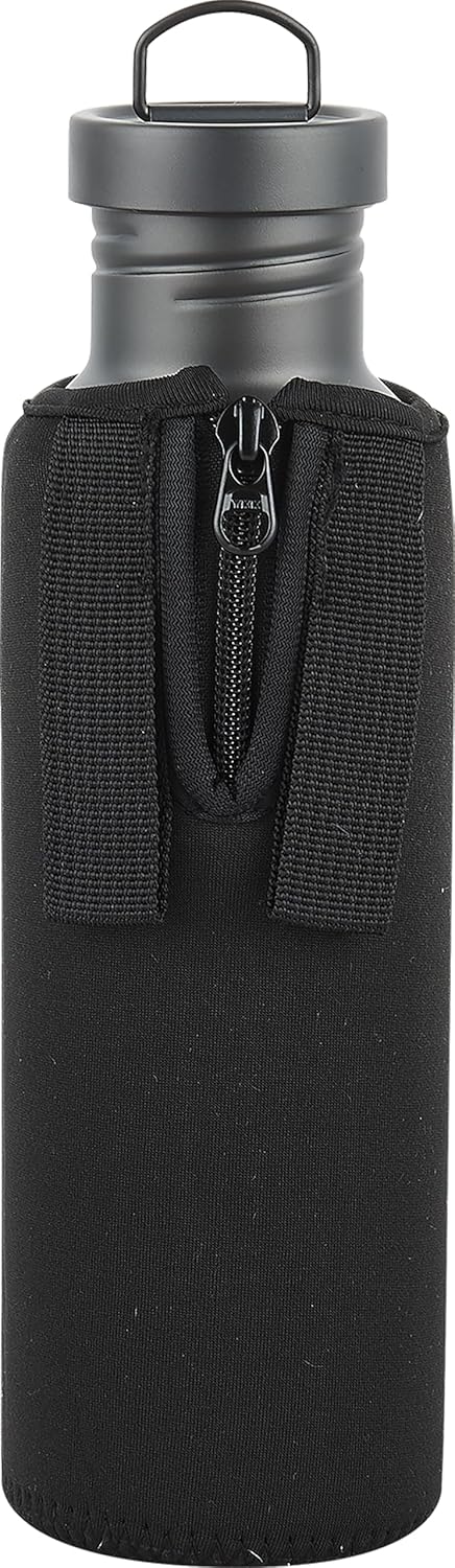 Explorer Bear Black Titanium Camping Sports Water Bottle, 23.6 oz, with Insulated Carrying Pouch