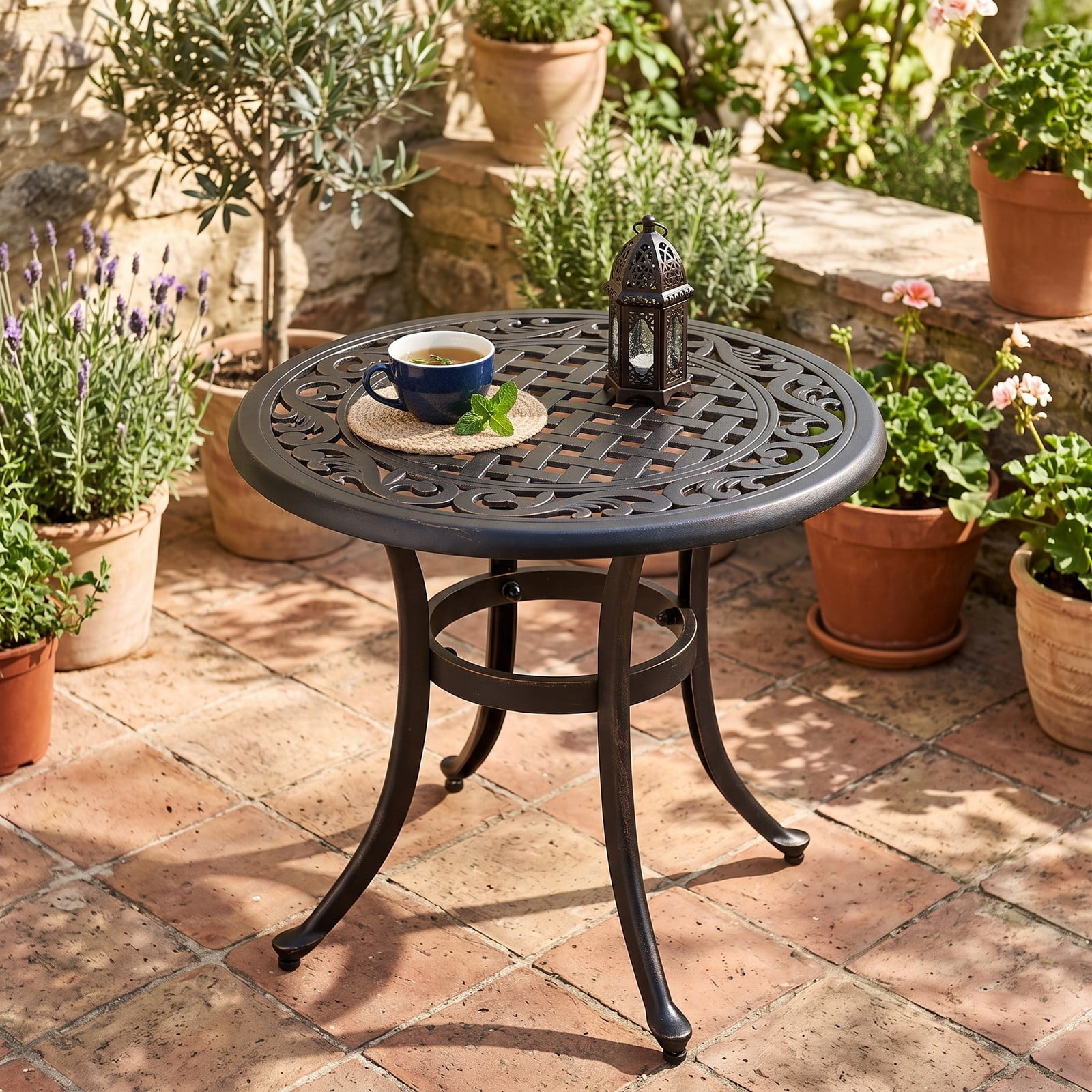 Furnibear 24 Inch Round Cast Aluminum Patio Side Table with Adjustable Footpads for Poolside and Backyard, Antique Brown
