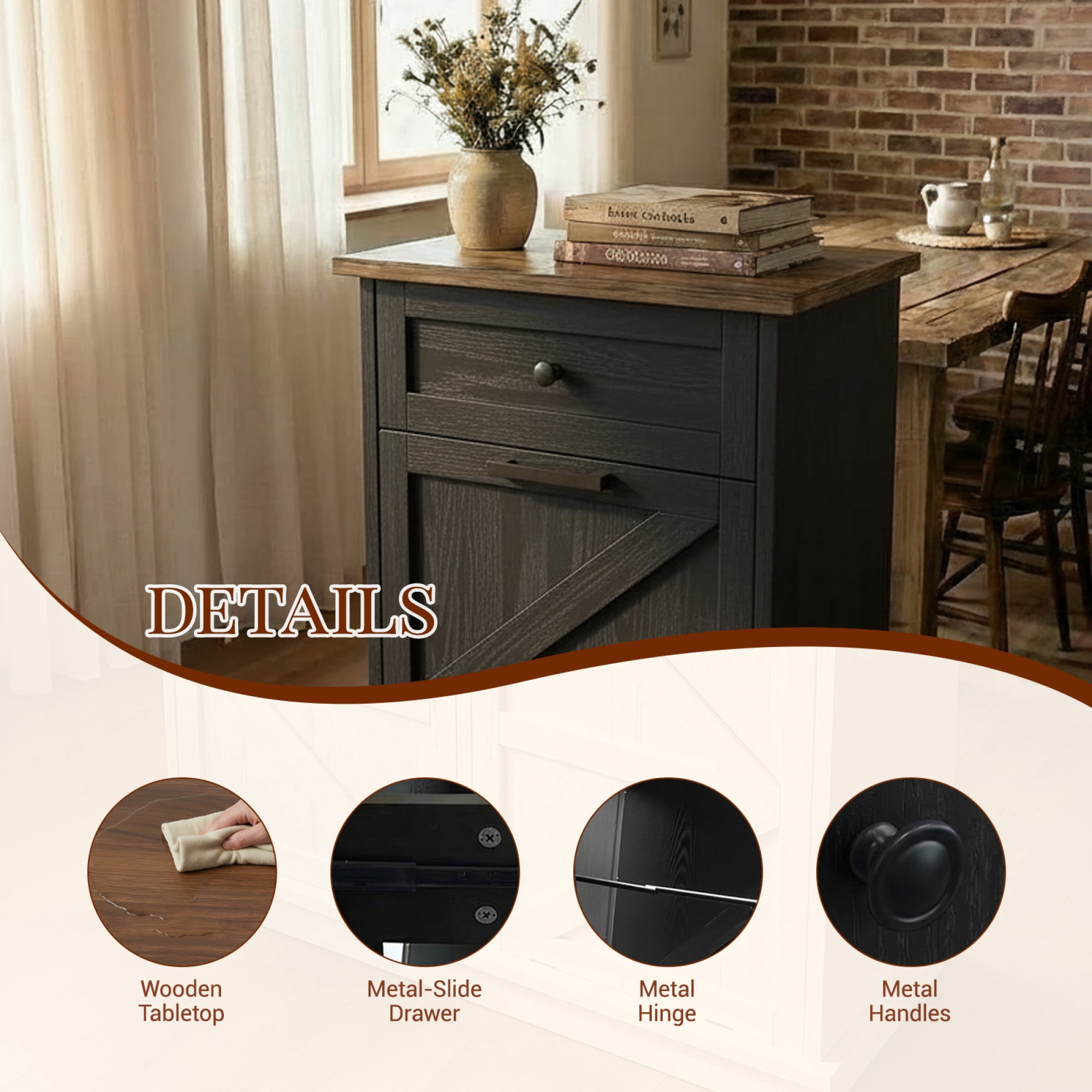 HOQBN Tilt Out Trash Can Cabinet, 10-Gallon Farmhouse Hidden Garbage Cabinet with Drawer, Dog Proof Wooden Trash Storage Cabinet for Kitchen, Laundry, Living Room, Office Black+Brown