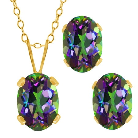2.05 Ct Oval Green Mystic Topaz Gold Plated Silver Pendant Earrings Set 18"