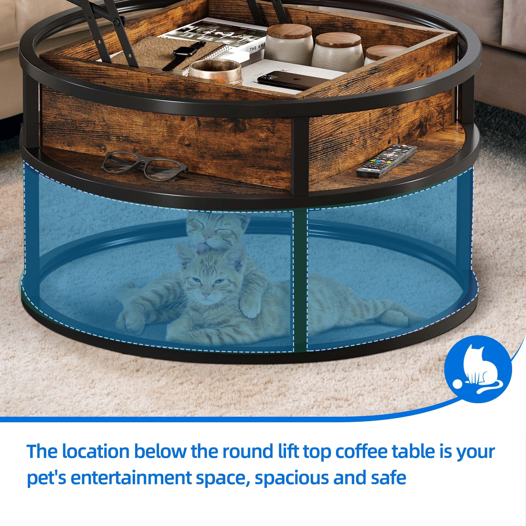 Dextrus Round Lift Top Coffee Table, Center Tables with Hidden Storage Compartment for Living Room/Home Office, Brown