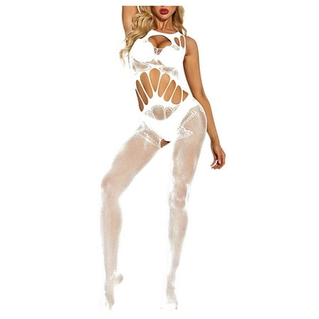 

BIZIZA Women s Bodystocking Sexy Lingerie Lace Bodysuit One Size Jumpsuit Tights Nightwear White One Size
