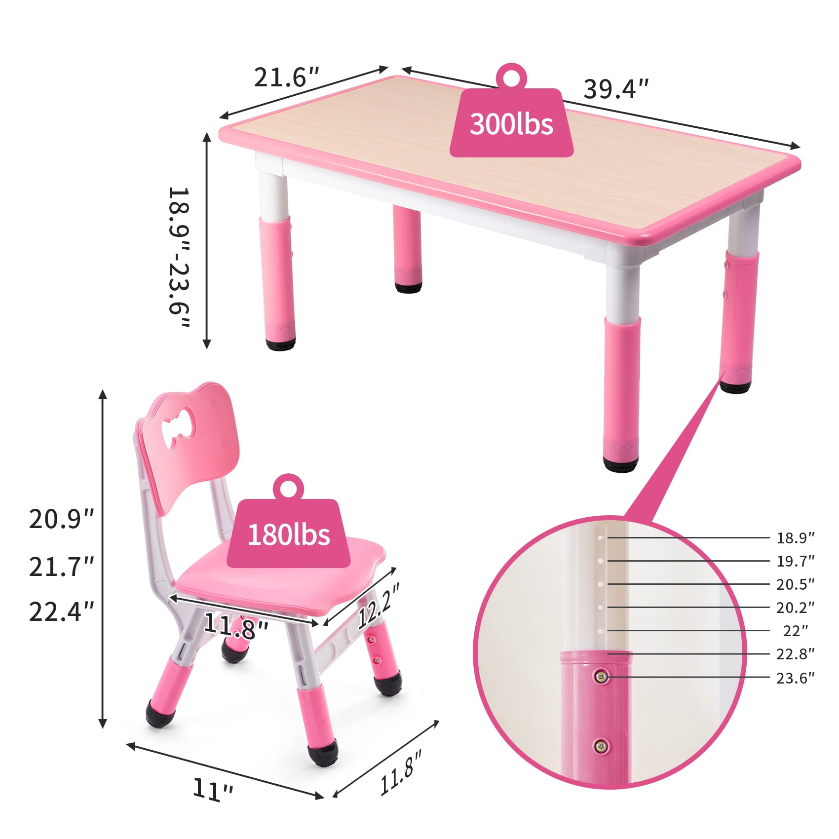 UNICOO Kids Table and Chairs Set, Height Adjustable Multi-Activity Preschool Table with Graffiti Desktop for Ages 2-8 - Versatile Kids Tables for Play, Learning, and Creativity(Maple Top/Pink Border)