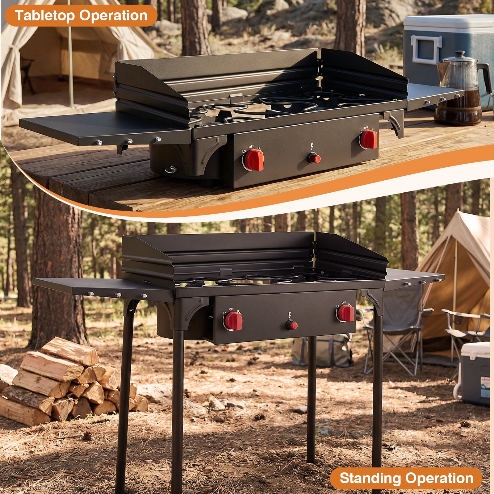 SIXDAY 2 Burner Gas Stove with Wind Panel & Side Sleeve, 150,000 BTU, Removable Legs & Auto Ignition Button, Carrying Bag