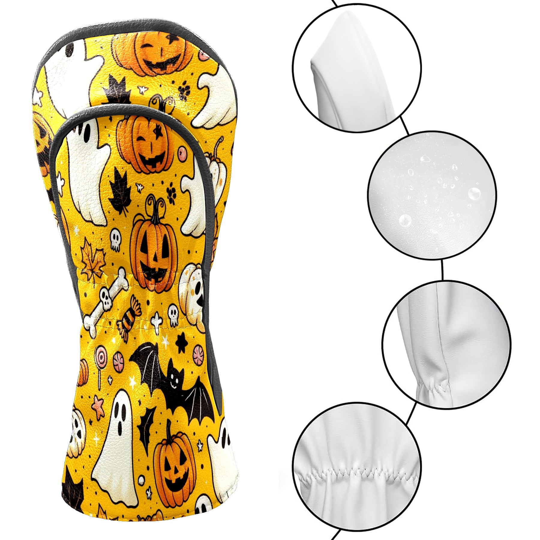 Golf Club Covers, Yellow Ghost Pumpkin Premium PU Leather Driver Hybrid Putter Head Covers with Velvet Lining, Waterproof Golf Gifts for Men Women