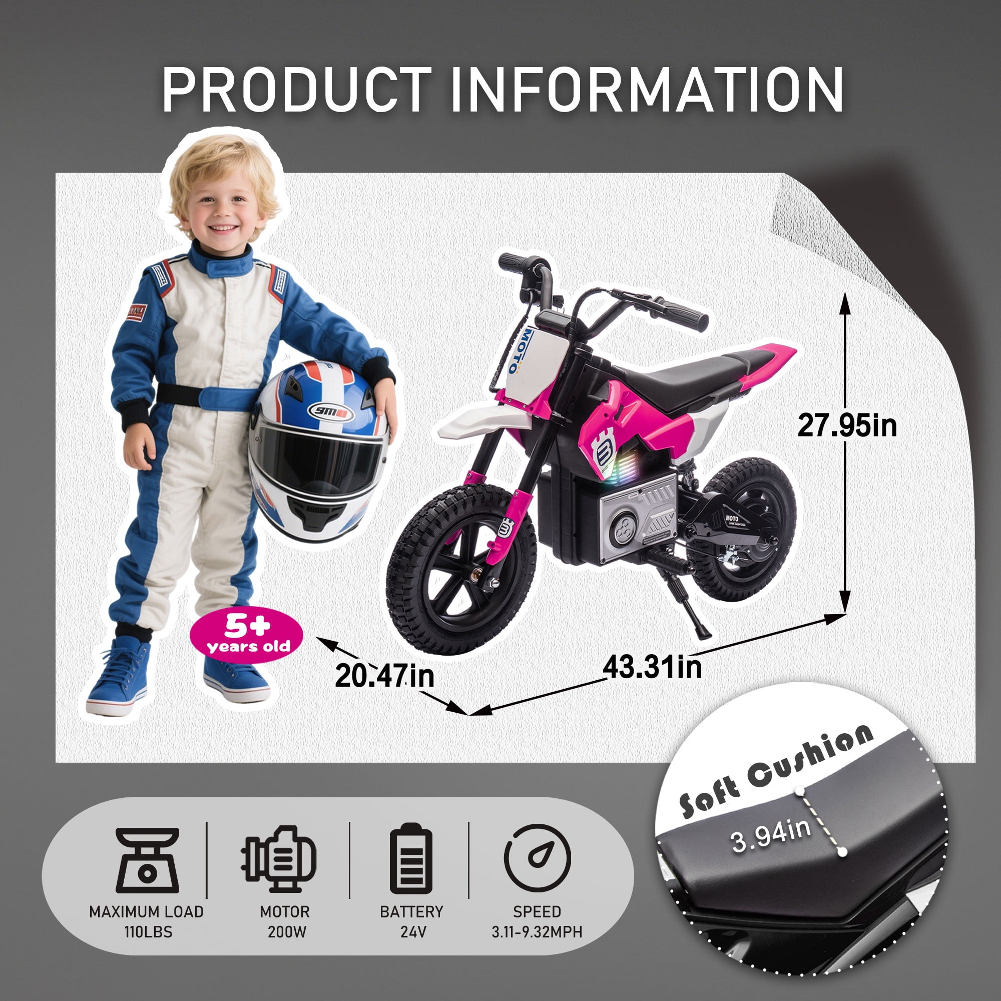 Okybaby 24V Kids Ride On Electric Dirt Bike, 200W High Speed Hub Electric Motorcycle, Max Speed 10MPH, Rear Spring Suspension, Kids Motorbike with Bluetooth&Horn For Kids Aged 5-15,Pink