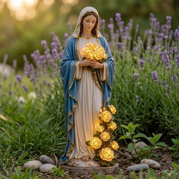 Virgin Mary Garden Solar Light, Outdoor LED Glowing Roses Blessed Mother Figurine, Catholic Religious Statue for Christian Garden Decor, Faith Gift