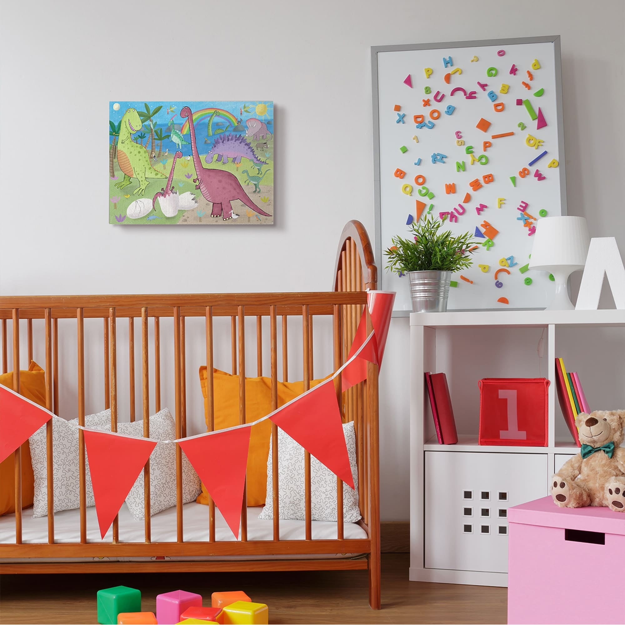 Stupell Industries Happy Dinosaurs Playing by Rainbow Illustration,30 x 40,Designed by Carla Daly