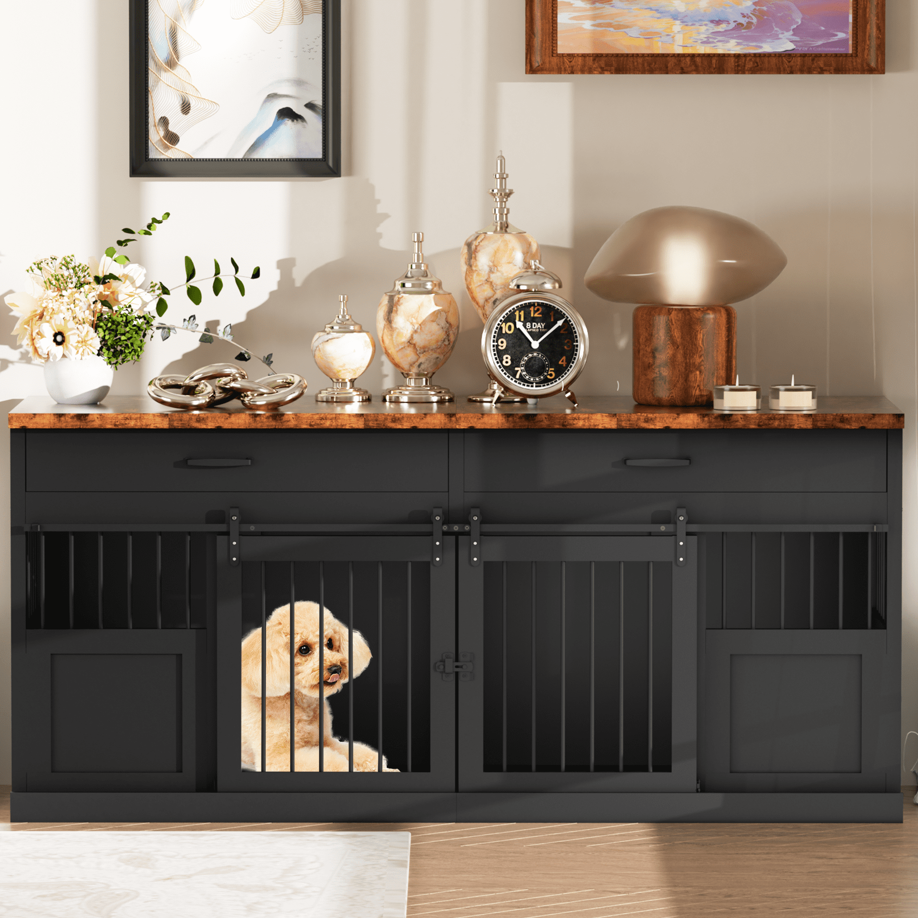 70.9" Large Double Dog Crate Furniture with Divider and 2 Drawers for 2 Dogs with 2-Door Indoor, Black+Natural Tabletop