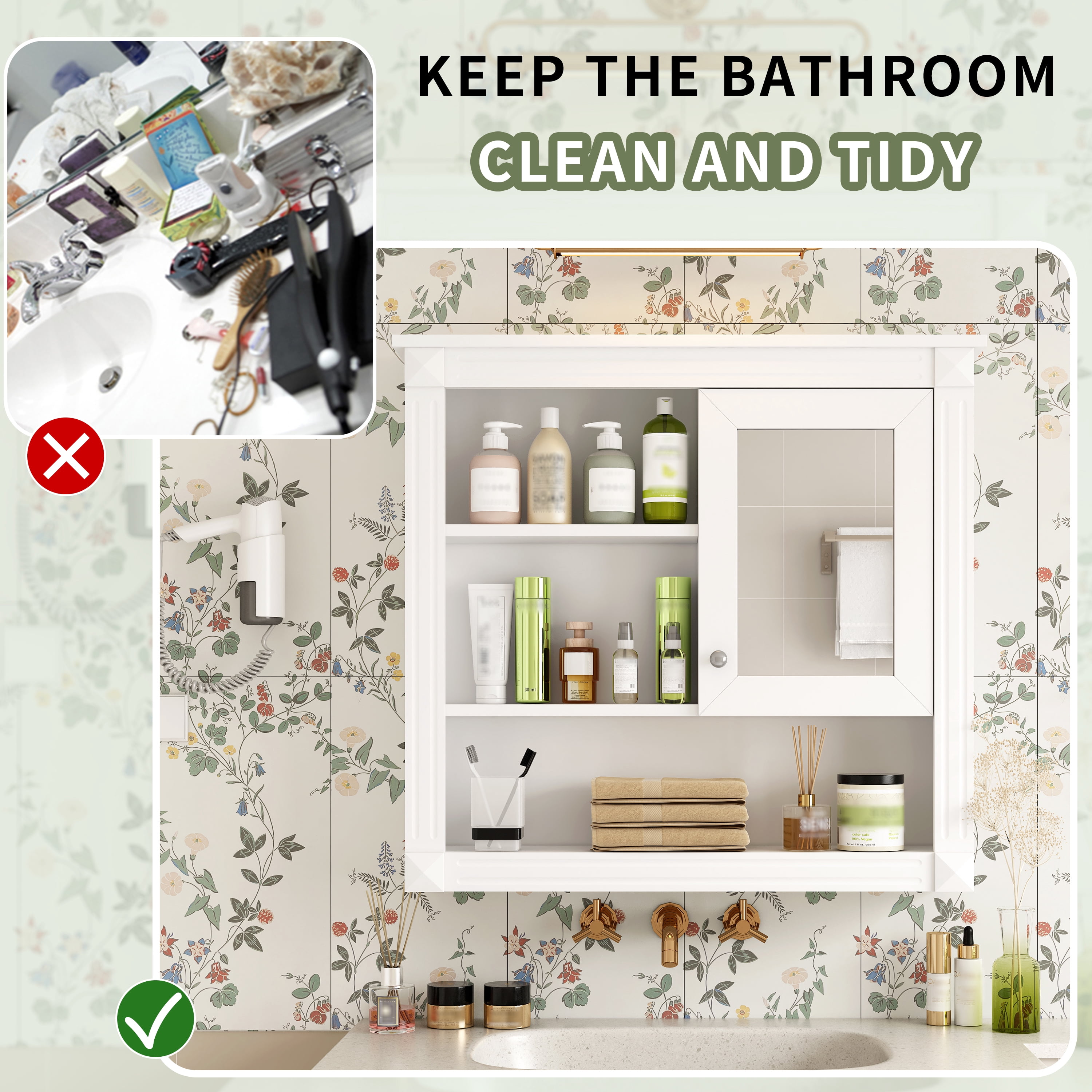 MAYEERTY 32'' Bathroom Wall Cabinet with Mirror, Wall Mounted Medicine Cabinet – 4 Shelves, Adjustable, Over Toilet Storage