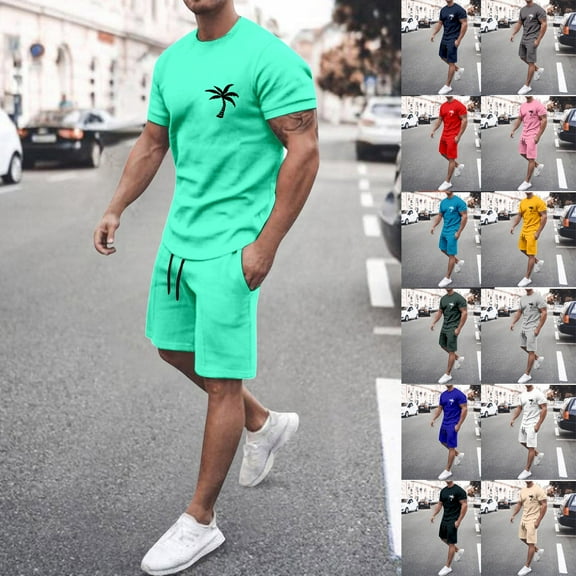 LEKDFST Men's 2 Piece Short Sets Graphic Print Short Sleeve T Shirts and Drawstring Shorts Clothing Set Black L