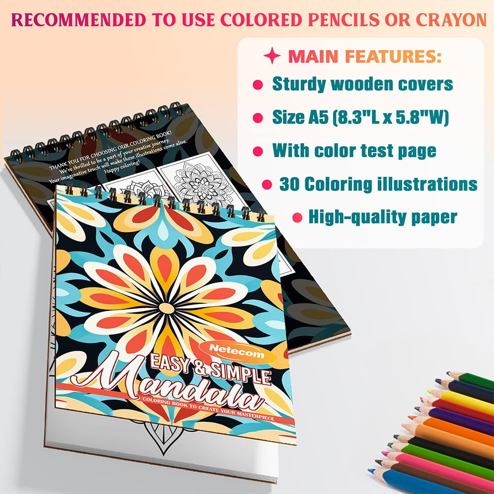 Netecom Easy and Simple Mandala Coloring Book Spiral Bound For Adults, A5 Wooden Cover, 30 Calming Coloring Pages of Minimalist Mandala Designs for Stress Relief and Relaxation