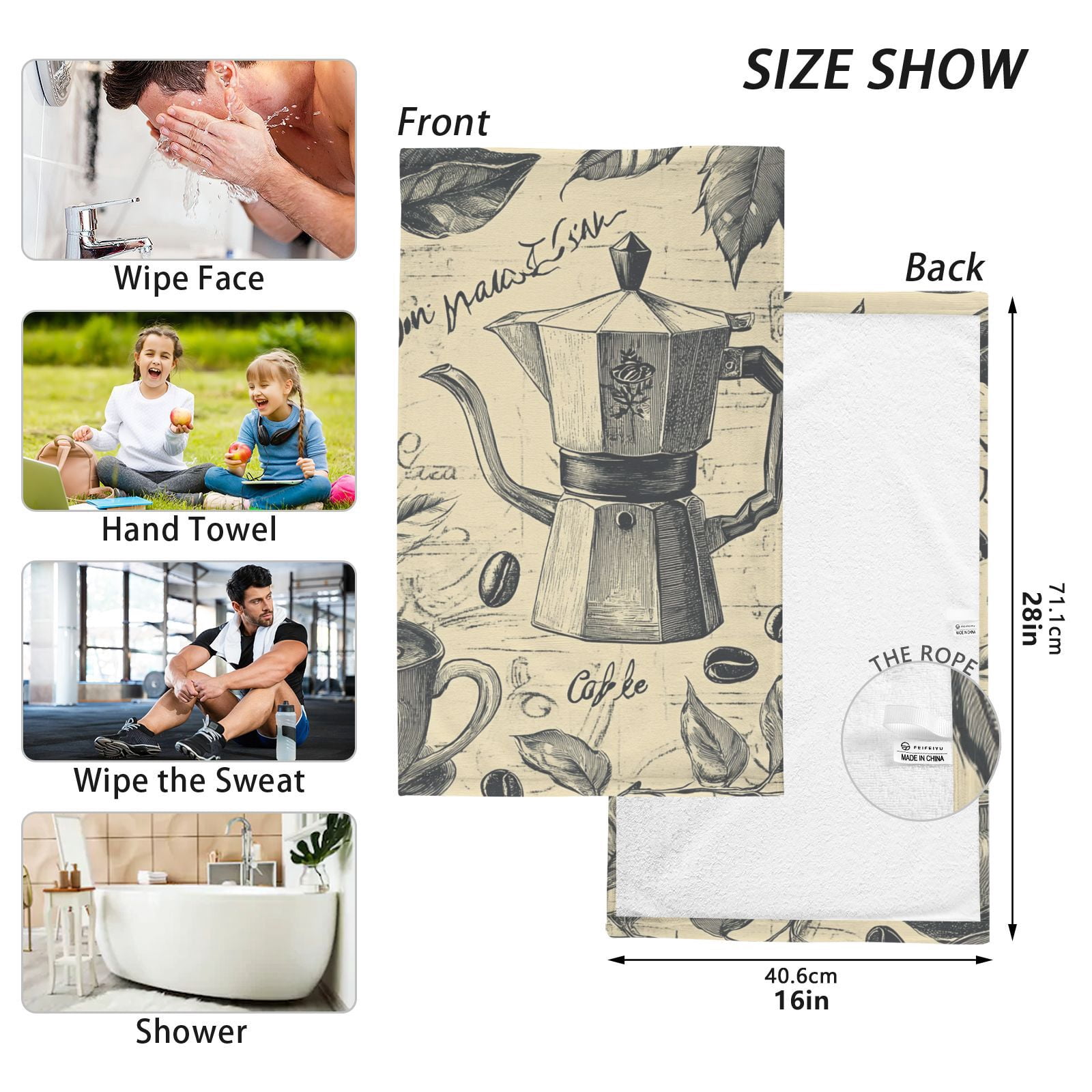 Vintage Coffee Hand Towels Cotton Bath Towels Large Face Towels Absorbent for Bathroom 2 Packs