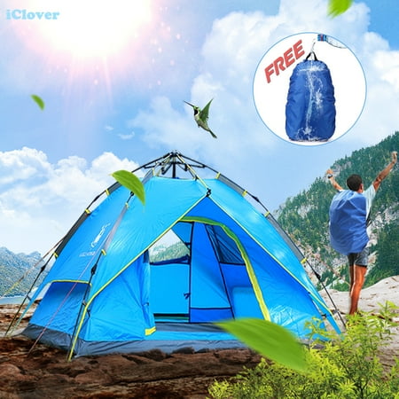 - Hydraulic Automatic Waterproof Camping Tent 3/4 People + Free Backpack Rain Cover,iClover Portable Pop Up Camping Family Sun Shelter Tents Cabana Anti-mosquito for Outdoor Hiking Sleeping Napping