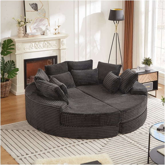 JERFIT 78.5" Oversized Round Corduroy Convertible Sofa Bed Recliner Chair with Pillows, Black