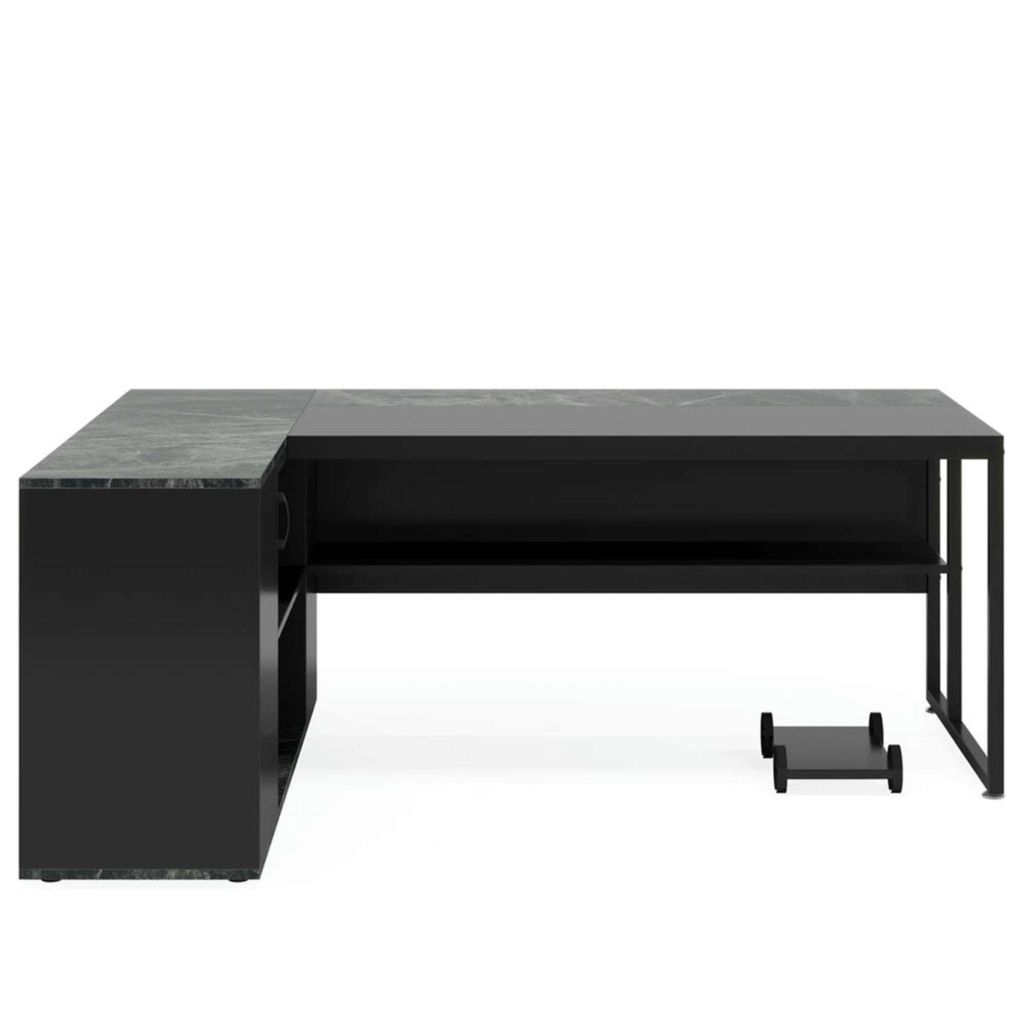 Demi Bonn Modern L Shaped Gaming Desk, 71" Executive Desk with Shelves and Lateral File Cabinet for Home Office, Black