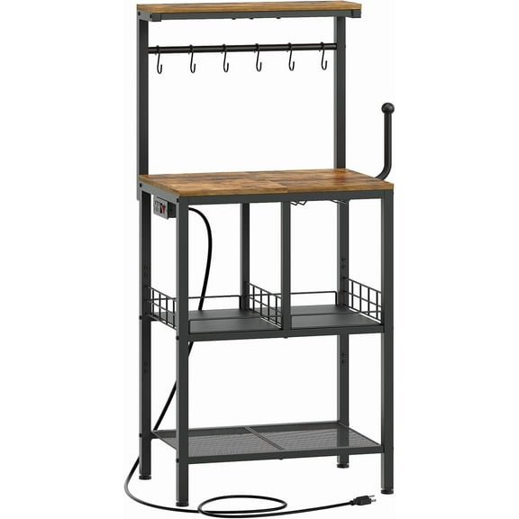 Bakers Rack with Power Outlet, Microwave Stand with Paper Holder, Coffee Bar Station with Wine Glass Holder, 4-Tier Kitchen Storage Rack for Dining Room, Living Room, Rustic Brown HB02UBR