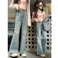 thumbnail image 7 of Girls Denim Pants Casual Wide Leg Flare Jeans Rhinestone Fashion Slimming Relaxed Elastic Waist High-Waisted Trousers, Gray Blue, 8 Years, 7 of 7