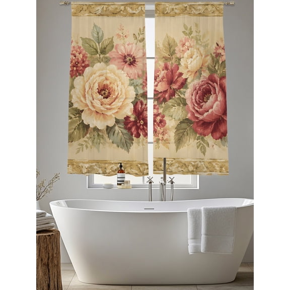 Classic Floral Leaves Peony Chiffon Sheer Curtains 63 Inches Long Vintage Flower Rod Pocket Window Curtains Voile Drapes Curtains for Living Room Bedroom,2 Panels