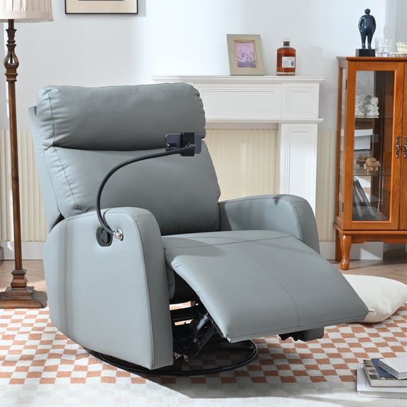 Swivel Rocker Recliner Chair,Small 360° Leather Swivel Glider with Phone Holder,Manual Small Recliners for Small Spaces Living Room,Blue Gray