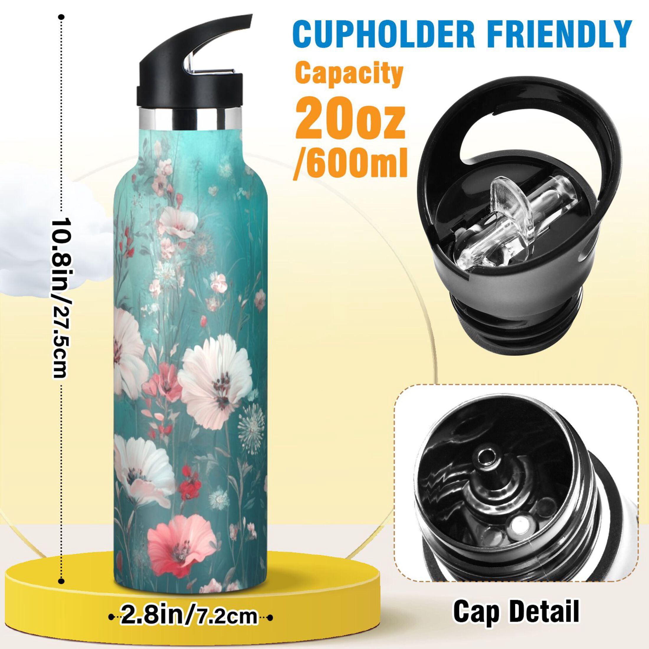 Kids Insulated Stainless Steel Sports Water Bottle 600ml (20oz) Beautiful Floral Pattern