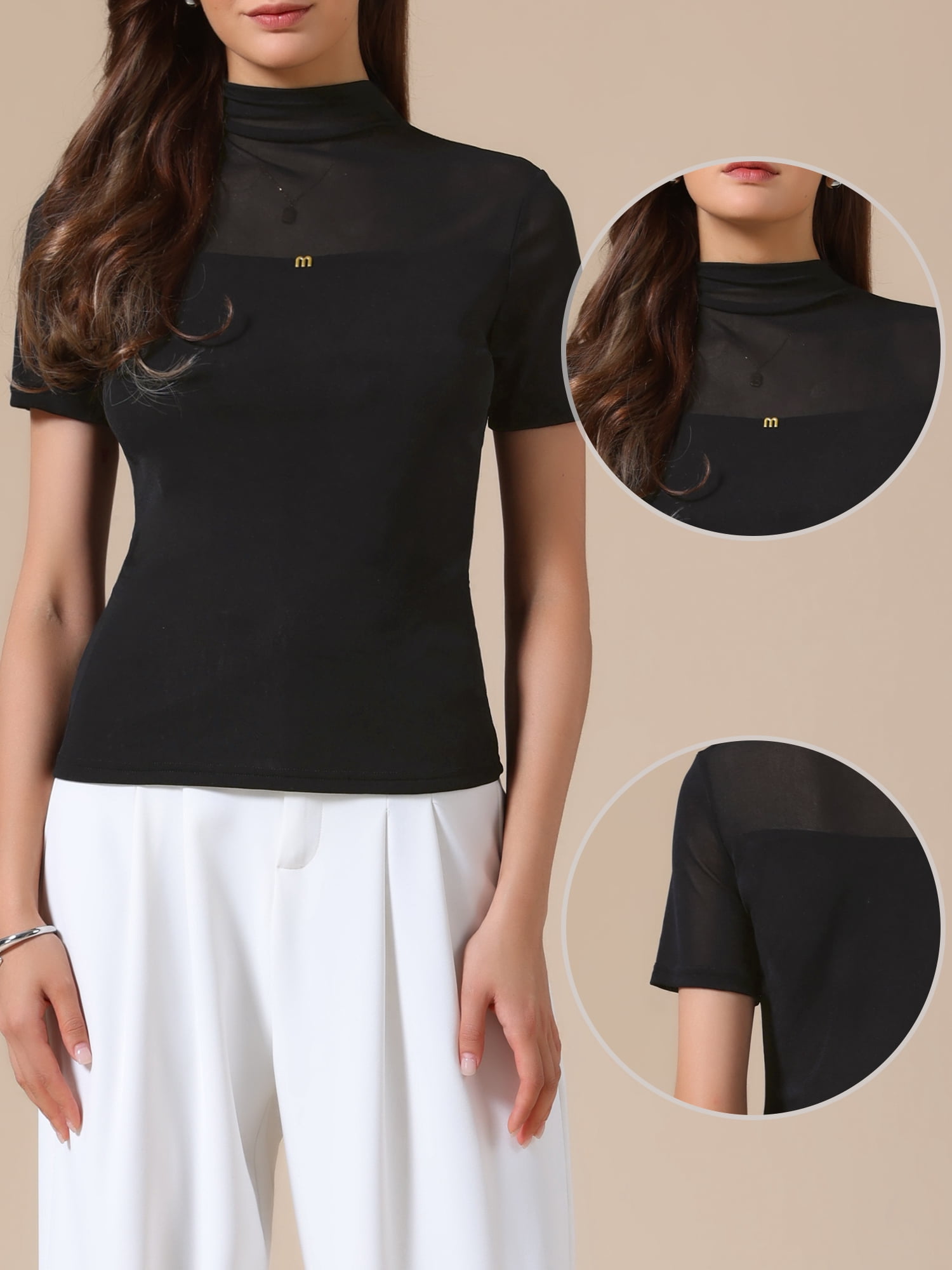 DARING DIVA Women's Mock Turtle Neck Short Sleeve Top Sheer Mesh Shirts XL Black