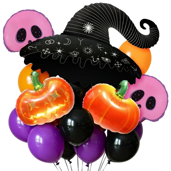 CYMYLAR Halloween Balloons Party Decor Kit - Witch Hat, Pumpkins, Skulls and Latex Balloons