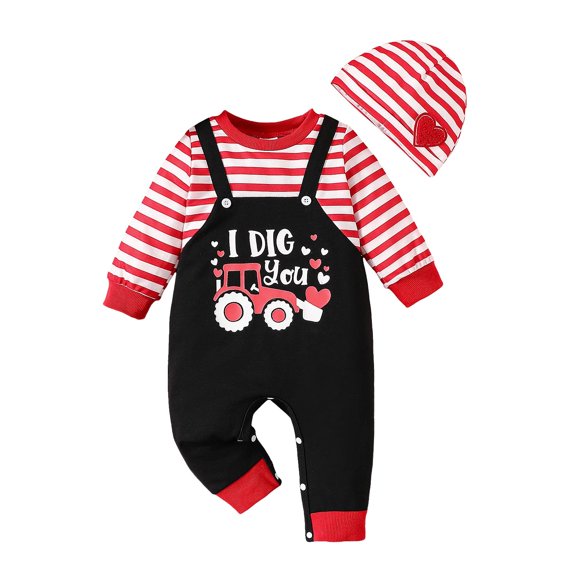 Xudanell Toddler Boy Outfits Cute Clothes Baby Girls Valentines Day Set Tractor Print Jumpsuit with Hat 2 Piece Black 6-12 Months