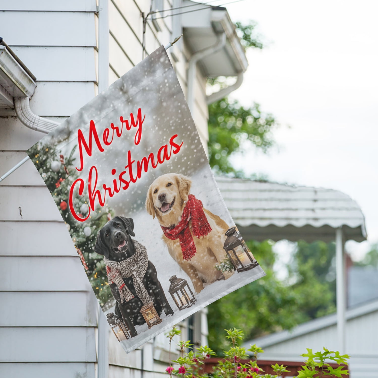 America Forever Merry Christmas Dogs House Flag, 28 x 40 inches Double Sided, Black Lab and Golden Retriever House Flag, Festive Winter Decor Outdoor Seasonal Flags for Yard, Lawn