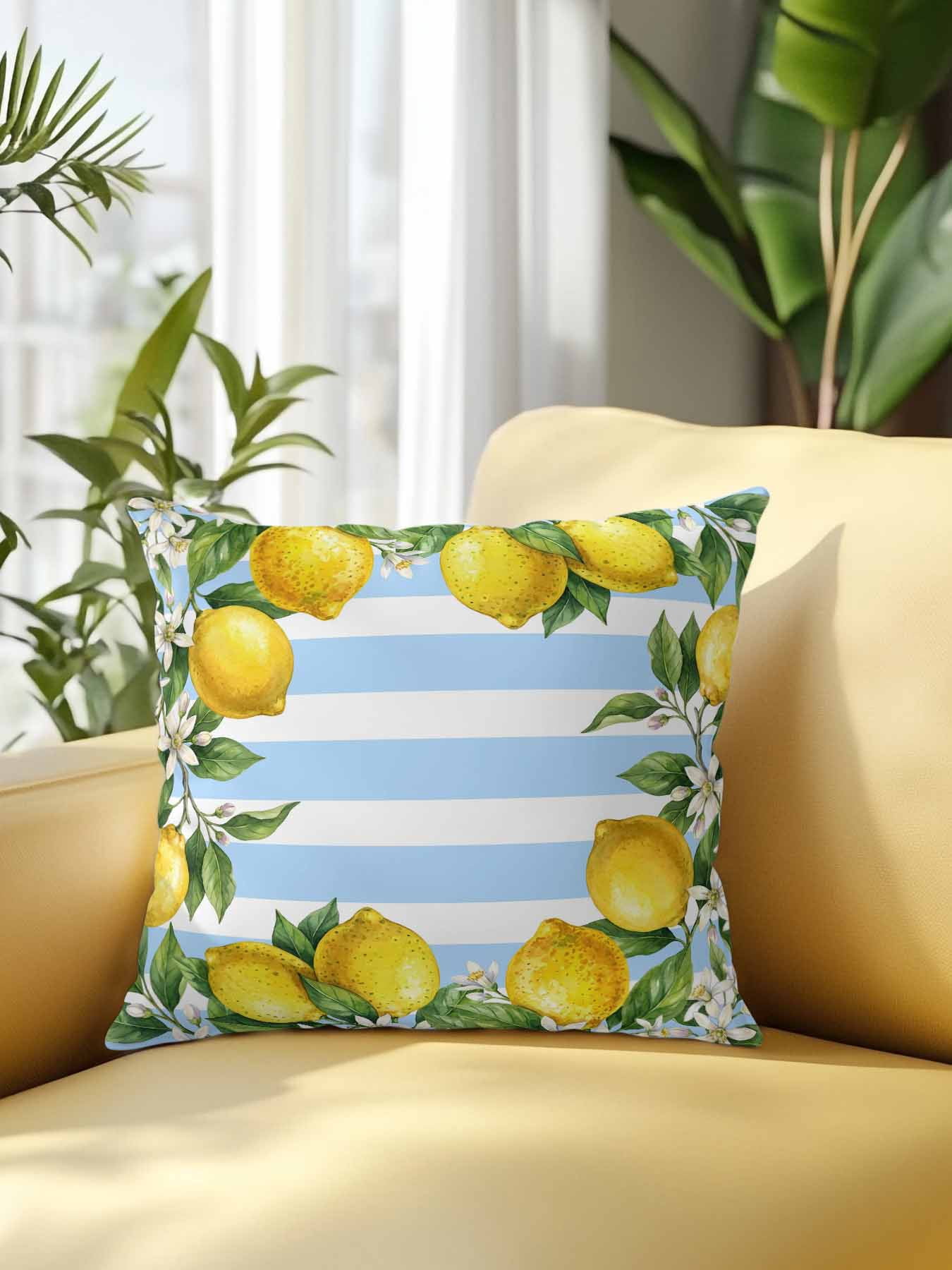 1 Pack Outdoor Pillows Waterproof, Summer Lemons Indoor/Outdoor Throw Pillows with Inserts, Fruits White Flowers Farm Blue White Stripes Decorative Pillow for Patio Furniture Chairs Couch