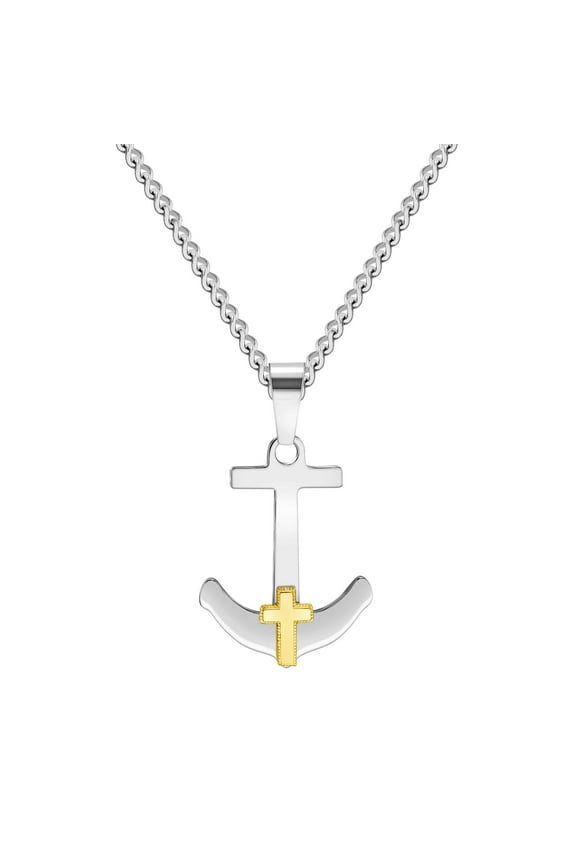 14K Gold Cross on Stainless Steel Polished Anchor, 24" Chain Pendant Necklace, Religious Men's Jewelry