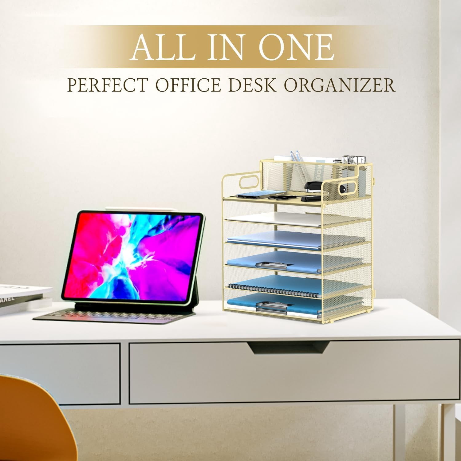 INTIGE 6-Tier Desk Organizer, Metal Desktop Paper Tray with 3 Pen Holders, Desktop Organizer for Home Office