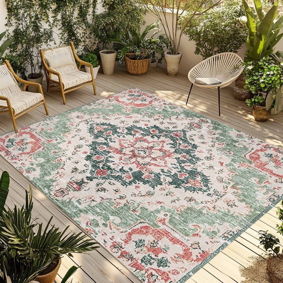 Fsddascl Green Pink Boho Floral Outdoor Rug for Patio/Deck/Porch, Non-Slip Large Area Rug 5 x 8 Ft, Southwestern Ethnic Flowers Retro Indoor Outdoor Rugs Washable Area Rugs, Camping Rug Carpet Runner