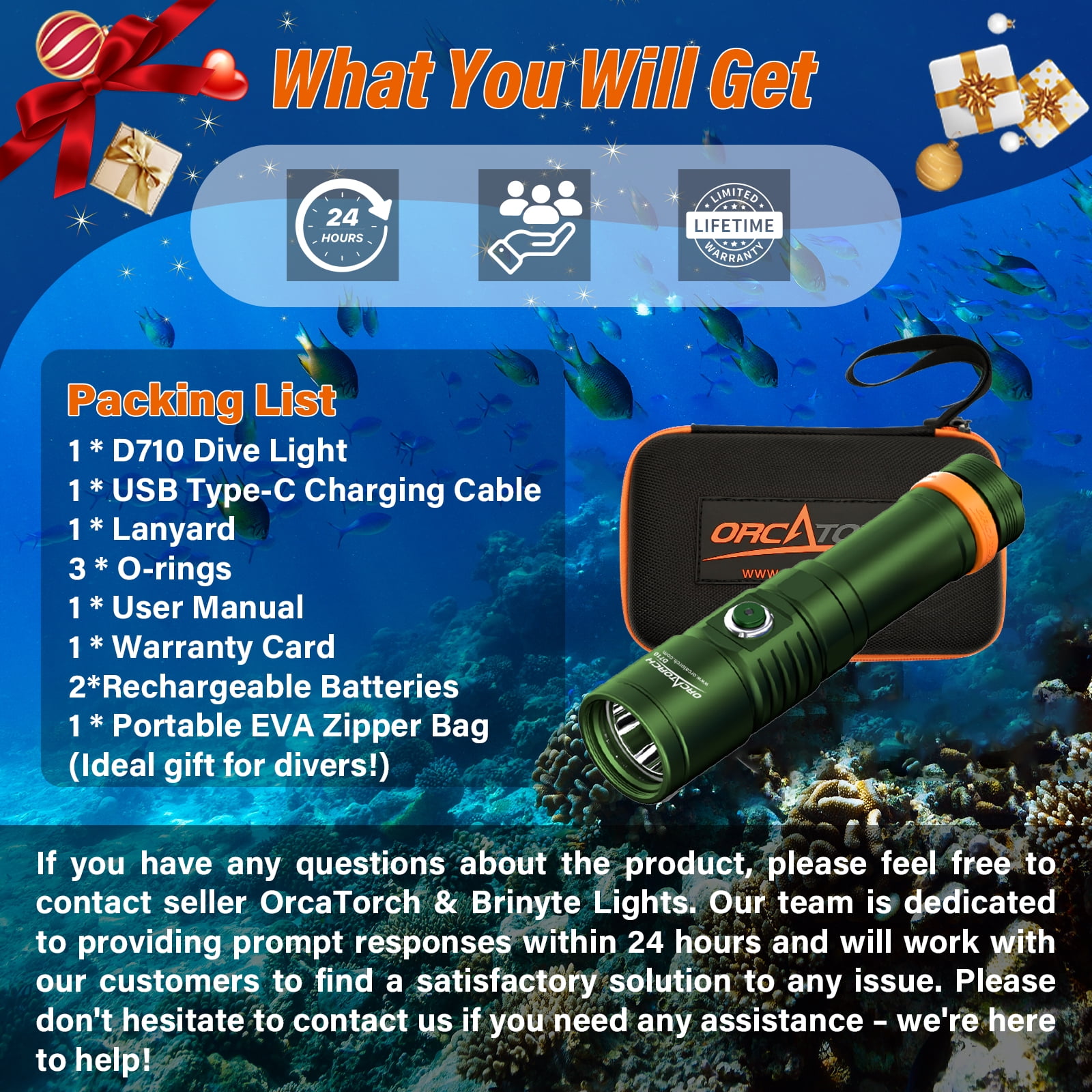 ORCATORCH D710 Scuba Diving Light, 3000 Lumens Super Bright Underwater Flashlight with 6 Degrees Narrow Beam, IP68 Waterproof Night Dive Torch 150 Meters Submersible Light (Green)