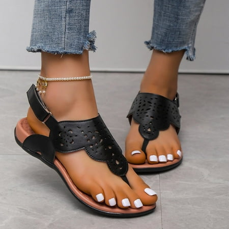 

KBODIU Summer Flat Sandals Women Mothers Day Gifts Beach Flip-Flops Flat Heel Slippers Casual Hollow Shoes Black Size 35