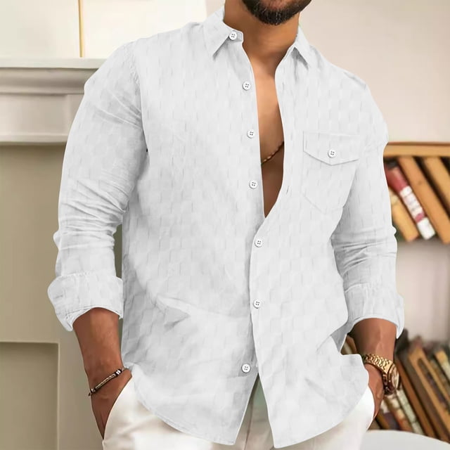 Blusa y camisa de manga larga con cuello vuelto para hombre Camisa a cuadros de manga larga con cuello vuelto Camisa de manga larga con solapa para hombre Blusa de poliéster para hombre