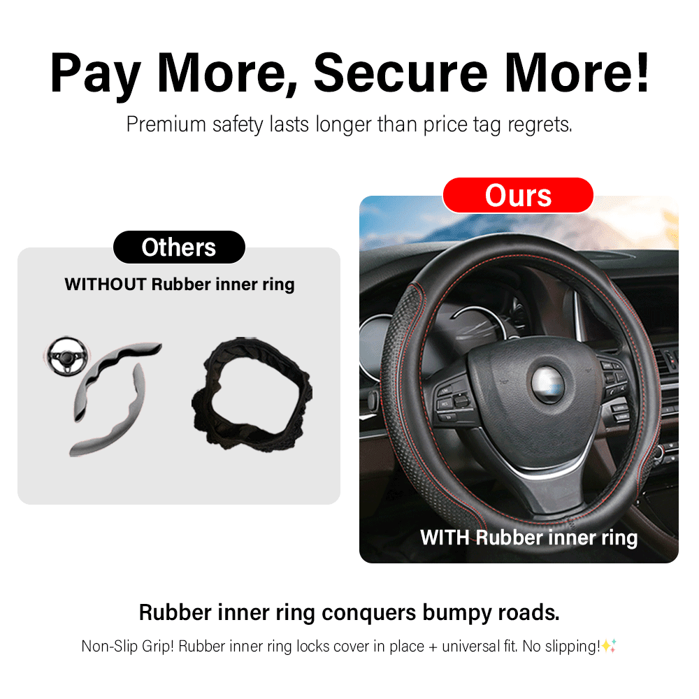 Genuine Leather Steering Wheel Cover, 14.5 - 15 Inches Universal Fit for Truck Sedans SUVs Black with Red stitching