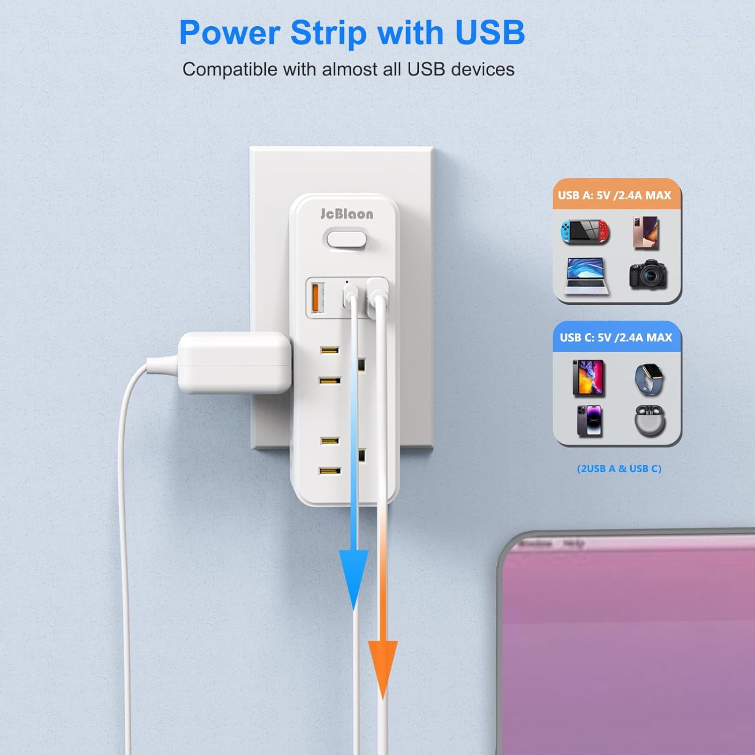 JcBlaon Power Strip Surge Protector Adapter, 6 AC Outlets 3 USB Ports Outlet Extender, White