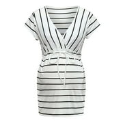 XZNGL Pregnant Women Clothes V-neck Striped Maternity Short-sleeved T-shirt
