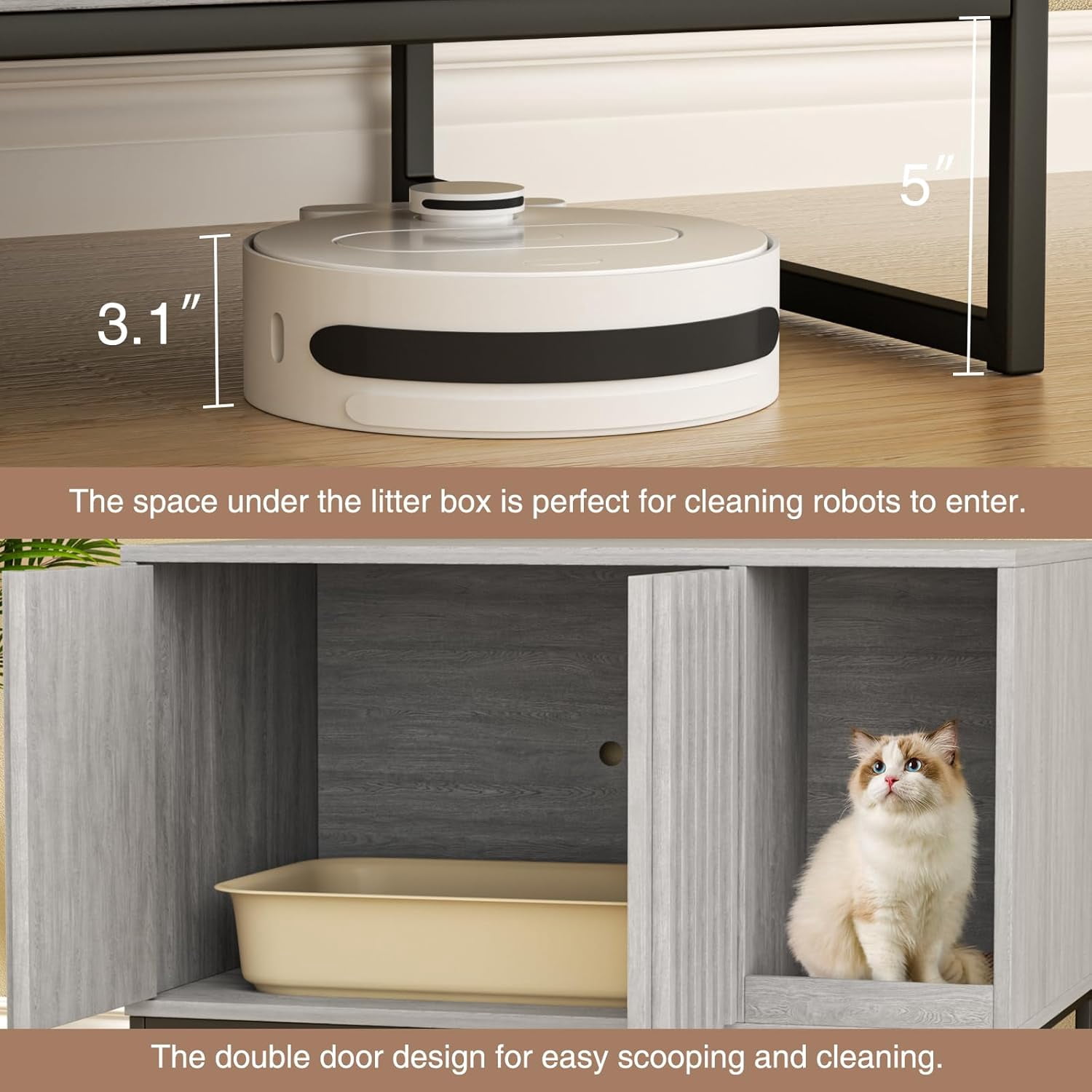 Vabches Hidden Cat Litter Box Enclosure Furniture, Multi-Functional Cat Washroom Bench with Cat Scratching Pad and Fluted Doors