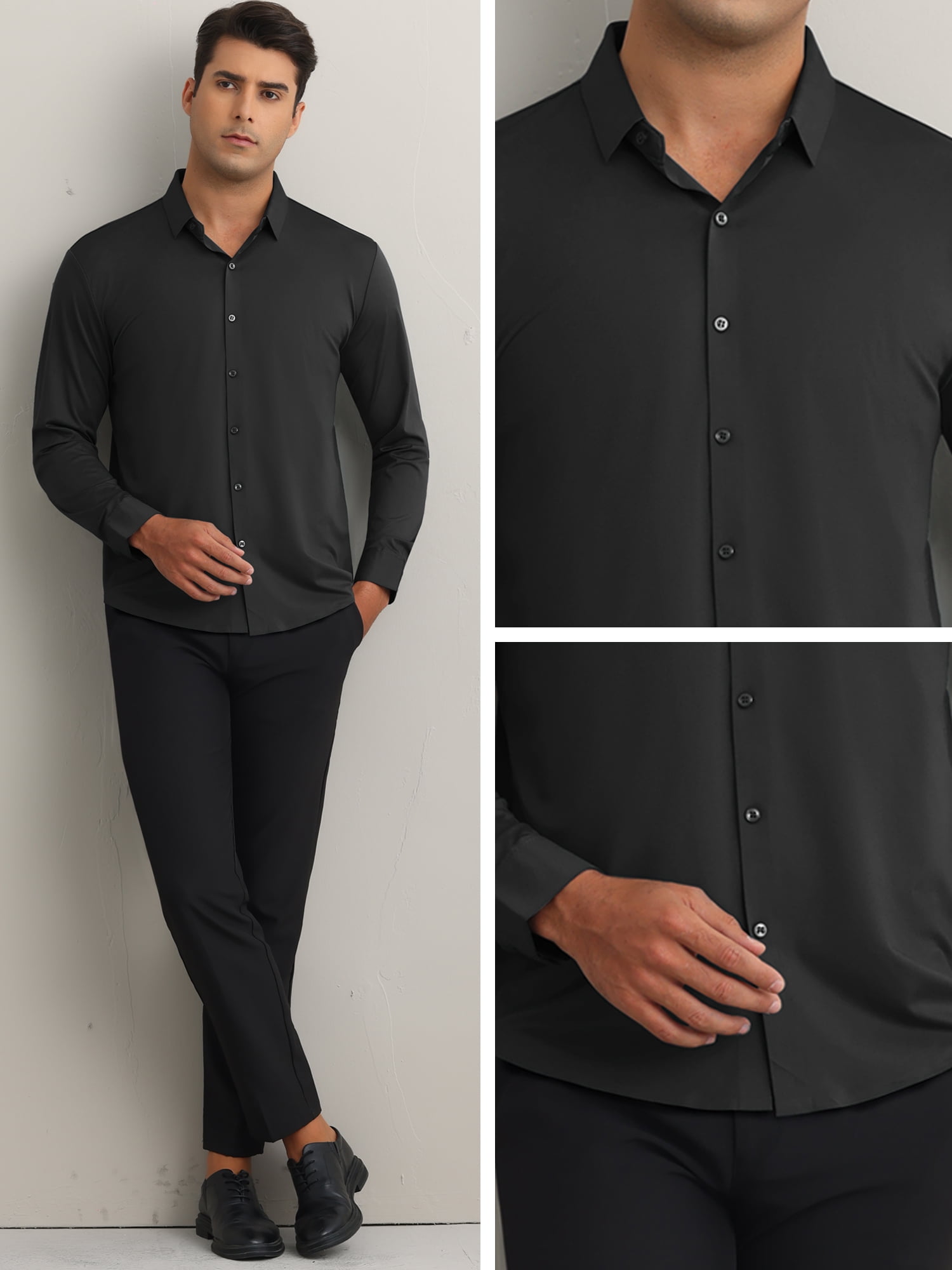 DARING DIVA Men's Soft Long Sleeve Button Down Business Formal Dress Shirt L Black