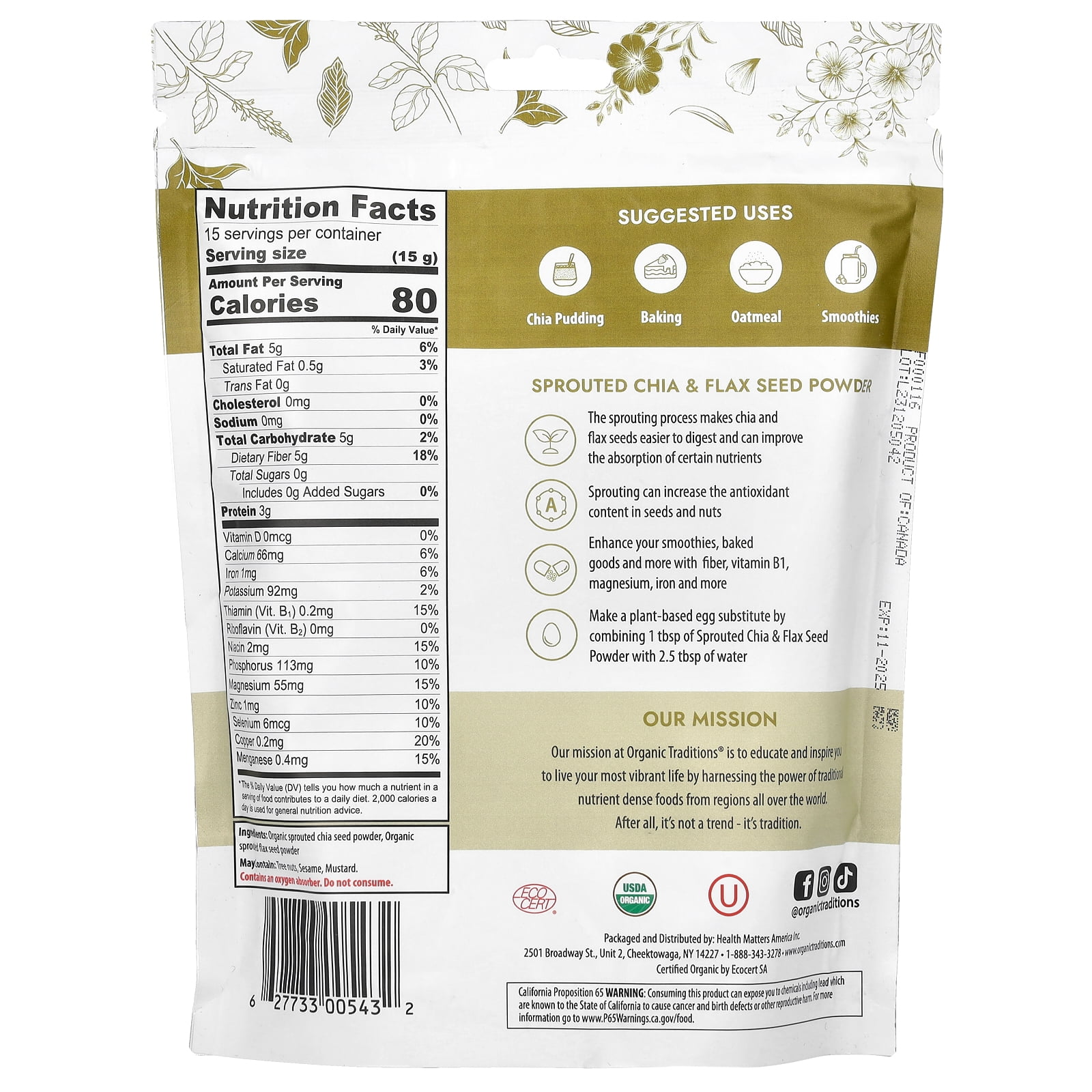 Organic Traditions Sprouted Chia & Flax Seed Powder, 16 oz (454 g)