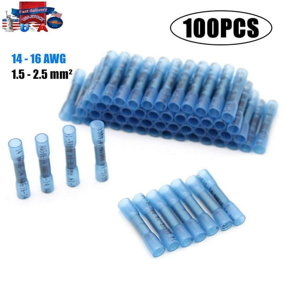 100Pcs 14-16AWG Blue Wire Butt Connectors Heat Shrink Waterproof Splice Terminal