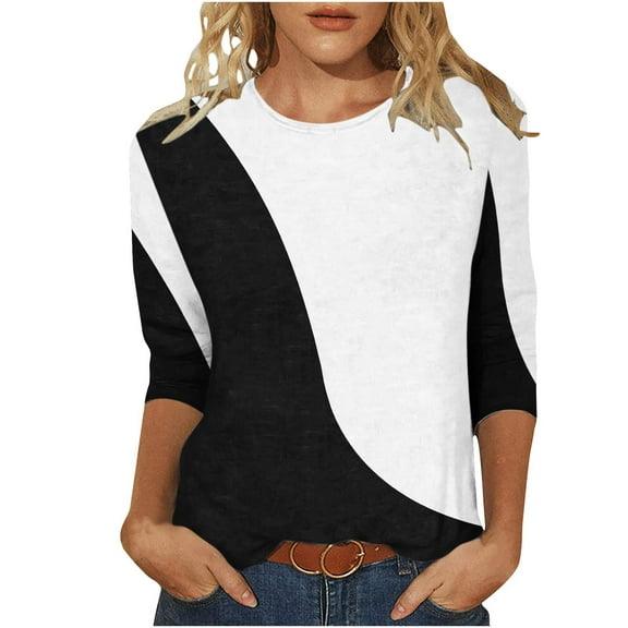 WXLWZYWL Long Sleeve Shirts For Women Clearance Plus Size Women'S Printed Loose T-Shirt Mid-Length 3/4 Sleeves Blouse Round Neck Casual Tops Black